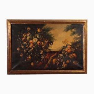 Bodegón con flores y frutos, óleo sobre lienzo, enmarcado