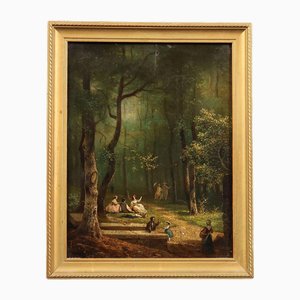 Woodland Landscape with Figures, Oil on Panel, Framed