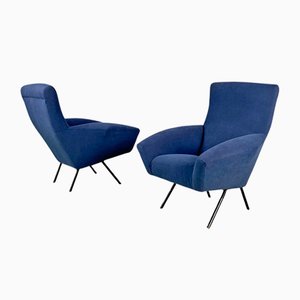 Mid-Century Italian Modern Blue Fabric and Black Metal Armchairs, 1960s, Set of 2