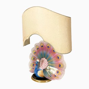 Mid-Century Italian Adjustable Table Lamp with Peacock in Ceramic Brass, 1970s