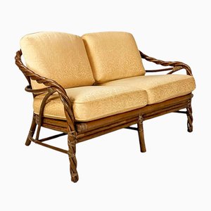 American Modern Rattan and Beige Floreal Fabric Sofa attributed to McGuire, 1970s