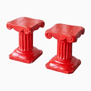 Hand Carved Column Stools or Side Tables in Red Lacquered Wood, 1940s, Set of 2