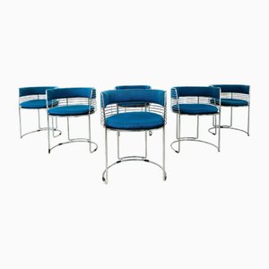 Chrome Wire and Blue Fabric Dining Chairs, 1970s, Set of 6