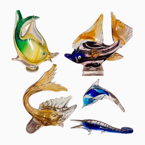Esculturas de peces de cristal de Murano Mid-Century, años 80. Juego de 5