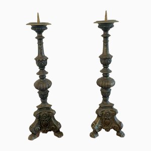 Large Antique Victorian Ornate Brass Pricket Candlesticks, 1860, Set of 2