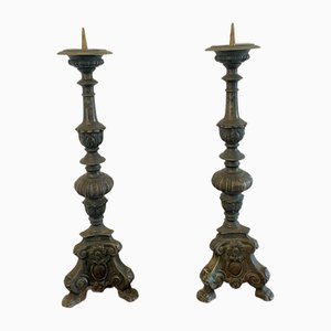 Portacandele grande antico vittoriano in ottone decorato, 1860, set di 2