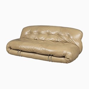 Italian Beige Soriana Leather Sofa by Tobia Scarpa for Cassina, 1980