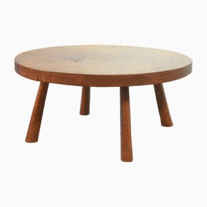 Large Brutalist Wabi Sabi Round Oak Handsculpted Coffee Table in style of Charlotte Perriand, 1960s.