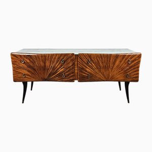 Mid-Century Four Drawer Sideboard with Decorated Glass Top, 1950