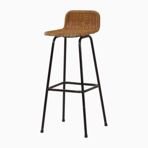 Bar Stool with Rattan Seat and Black Frame attributed to Rohé Noordwolde, 1970s