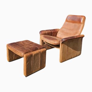 DS 50 Buffalo Neck Leather Lounge Chair and Footstool from De Sede, 1970s, Set of 2