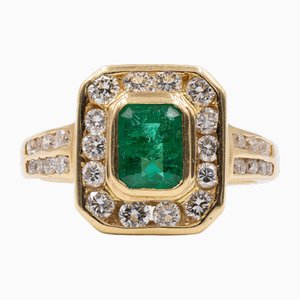 Vintage 18k Yellow Gold Ring with Emerald and Diamonds, 1980s