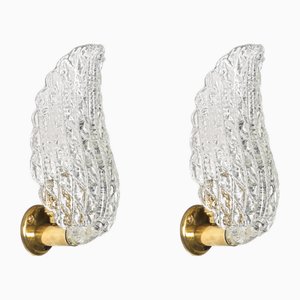 Mid-Century Murano Glass and Brass Leaf Sconces attributed to Barovier, Italy, 1950s, Set of 2