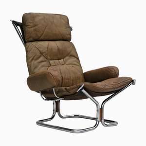 Fauteuil en Cuir, Acier au Chrome, Teck et Toile par Harald Relling pour Westnofa, Norvège, 1970s