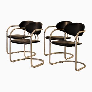 Chaises de Salle à Manger en Chrome et Cuir Noir, 1970s, Set de 4