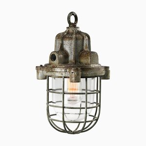 Lampe à Suspension Industrielle Vintage en Fonte Grise en Verre Clair par Industria Rotterdam