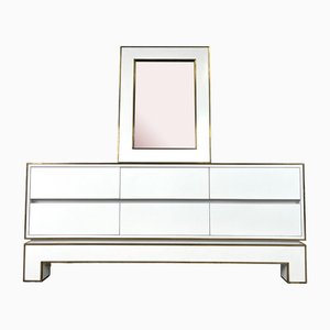 White Lacquered Credenza attributed to Alain Delon with Mirror, 1970s