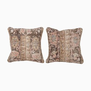 Cuscino Tappeto Anatolian con fodera per cuscino in lana marrone e rosa, set di 2