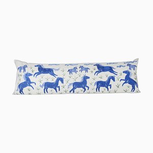 Long Uzbek Suzani Bed Cushion Cover with Animal Motif in Blue Horse Pictorial Suzani Pillow Cushion Cotton Fabric