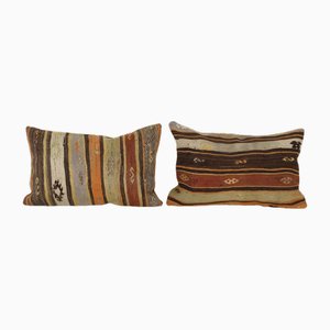 Turkish Lumbar Kilim Bohemian Kilim Lumbar Cushion Covers, Set of 2