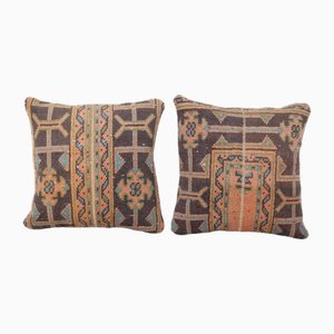 Vintage Turkish Oushak Rug Cushion Covers, Set of 2