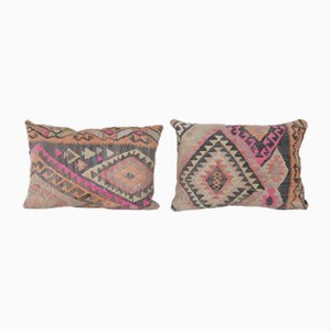 Vintage Turkish Kars Kilim Lumbar Cushion Covers, Set of 2