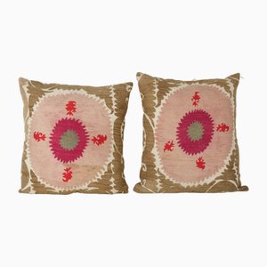 Faded Brown Suzani Cushion Cover in Uzbek Textile, Set of 2