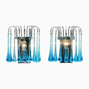 Wall Light in Blue Murano Glass and Chrome by Paolo Venini, 1970s, Set of 2