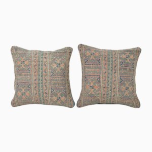 Cojines de alfombra de Anatolia vintage en marrón y arena. Juego de 2