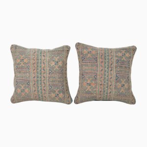 Vintage Anatolian Tan and Sand Rug Cushions, Set of 2