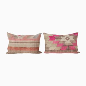 Vintage Geometric Kilim Cushion Covers in Boho Anatolian Handwoven Textile, Set of 2