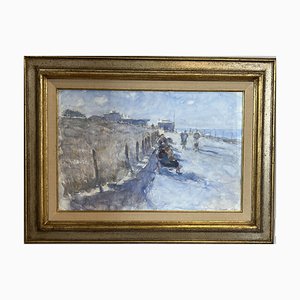 Piet Van Boxel, Spaziergang am Strand, 1960er, Aquarell, gerahmt