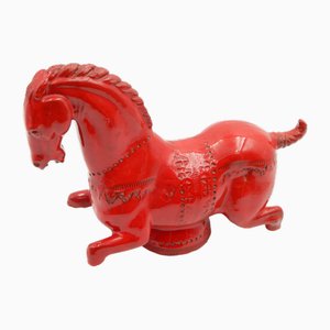 Red Ceramic Roman Horse on Plinth by Aldo Londi for Bitossi Raymor