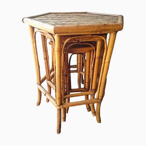 Stapelbare Vintage Tische aus Bambus & Naturfaser, 3er Set