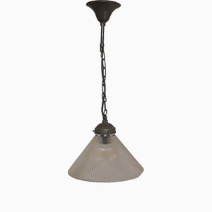 Vintage Ceiling Lamp with Fluted Relief Glass Shade on a Patinated Brass Mount, 1970s