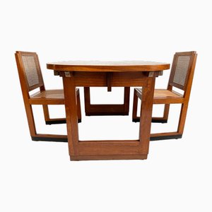 Art Deco Amsterdam School Extendable Teak Dining Table and Chairs with Webbing Seat, 1930s, Set of 3