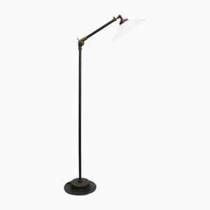 Vintage Industrial White Opaline Cast Iron and Brass Floor Lamp