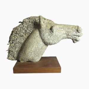 Emilia Parea, Horse Head Sculpture, 1960s, Granite and Papier-Mâché on Wood Base