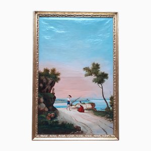 Neapolitan Artist, Coastal Landscape, 1860s, Oil on Canvas, Framed