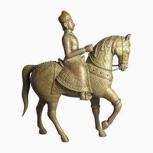 Statua asiatica di uomo a cavallo, grande scultura in legno ramato, fine XIX secolo