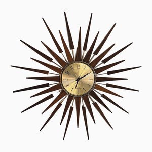 Reloj Starburst vintage de teca y latón de Seth Thomas, 1960