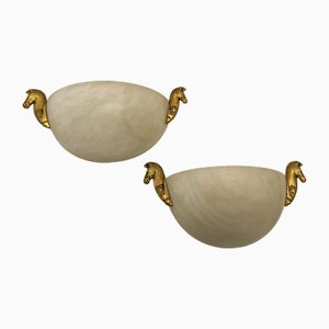 Half Dome Alabaster Wall Lights with Horse Decoration, 1960s, Set of 2