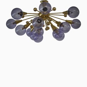 Mid-Century Murano Periwinkle Art Glass and Brass Chandelier and Pendant