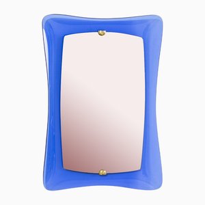 Wall Mirror with Blue Colored Glass Frame and Brass Details from Cristal Art, 1950s