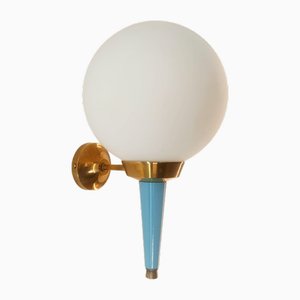 Hellblaue Vintage Wandlampe mit weißer Kugel von Stilnovo