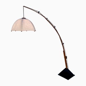 Lámpara de pie tipo paraguas posmoderna ajustable en altura de teca y acero de Domus, años 80