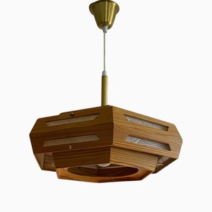 Lampe à Suspension Rustique en Pin avec Raccords en Laiton, 1970s