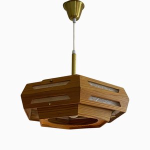 Rustic Pinewood Pendant Lamp with Brass Fittings, 1970s