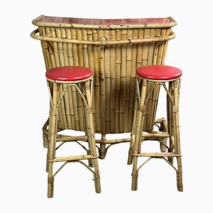 Tiki Bar & Hocker aus Bambus, 1960er, 3er Set