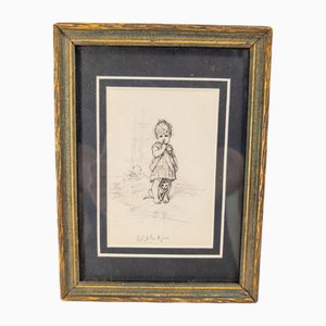 Young Girl and Her Cat, 20th Century, Pen and Ink Drawing, Framed